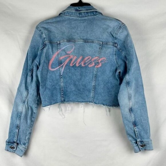 Guess Cropped Denim Jacket Raw Hem Medium - Picture 2 of 9